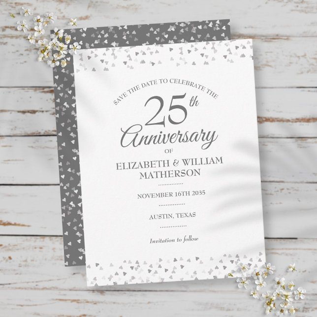 25th Anniversary Silver Love Hearts Save the Date Announcement Postcard (Creator Uploaded)