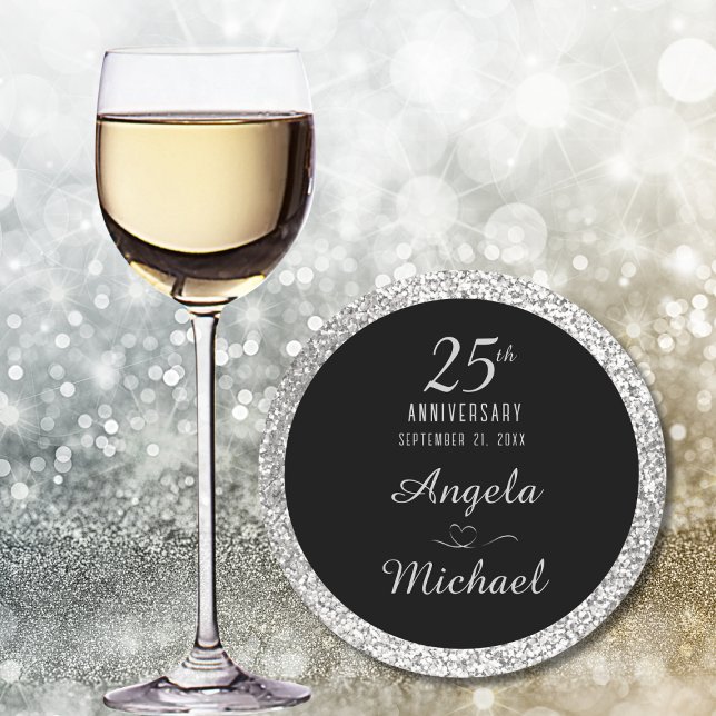 25th Anniversary Silver Sparkle Black Stylish Glam Round Paper Coaster (Creator Uploaded)