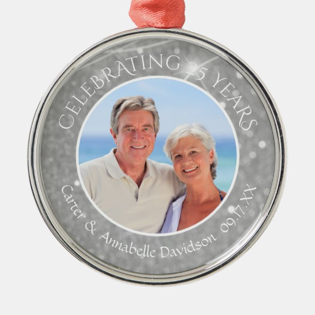 25th Anniversary | Silver Sparkle Photo Metal Tree Decoration (Front)