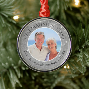 25th Anniversary   Silver Sparkle Photo Metal Tree Decoration