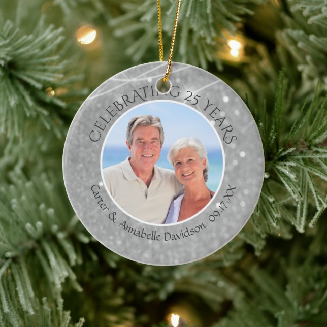 25th Anniversary | Silver Sparkle Two Photo Ceramic Tree Decoration (Tree)