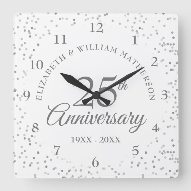 25th Anniversary Silver Stardust Square Wall Clock (Front)