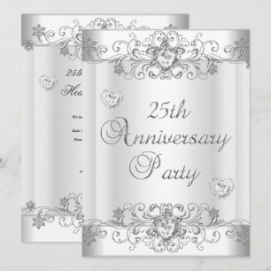 25th Anniversary Silver White Diamond Hearts Invitation
