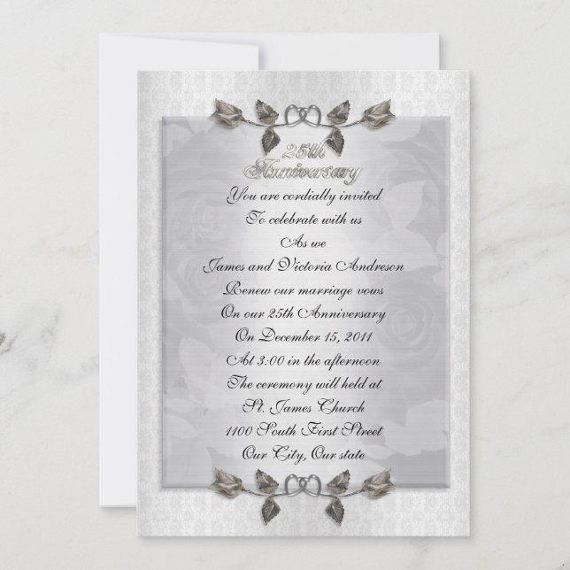 25th anniversary Vow renewal silver roses formal Invitation (Front)
