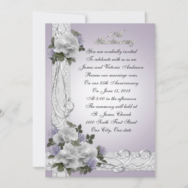 25th Anniversary vow renewal white roses Invitation (Front)