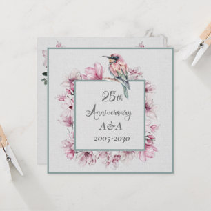 25th Anniversary Watercolor Pink Flowers and Birds Invitation