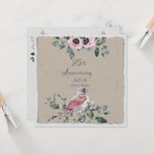 25th Anniversary Watercolor Pink Flowers and Birds Invitation