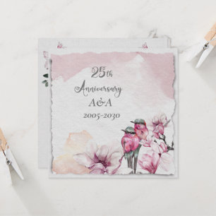25th Anniversary Watercolor Pink Flowers and Birds Invitation