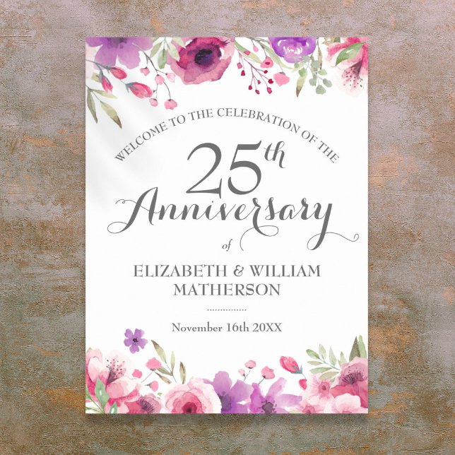 25th Anniversary Watercolour Roses Welcome Sign (25th Anniversary Watercolor Roses Welcome Sign)