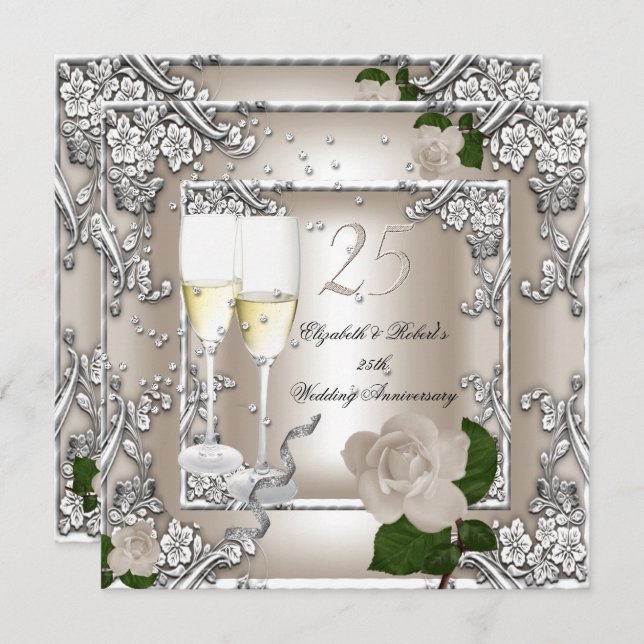 25th Anniversary Wedding Cream Rose Silver Invitation (Front/Back)