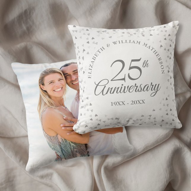 25th Anniversary Wedding Photo Chic Silver Hearts Cushion (25th Anniversary Wedding Photo Chic Silver Hearts Throw Pillow)