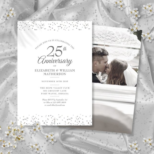 25th Anniversary Wedding Photo Silver Confetti Invitation (25th Anniversary Wedding Photo Silver Confetti Invitation)