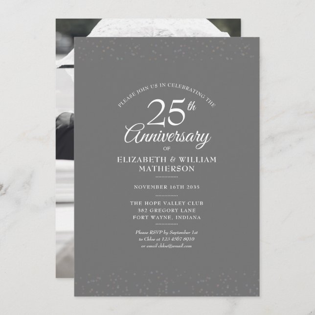 25th Anniversary Wedding Photo Silver Stardust Invitation (Front/Back)