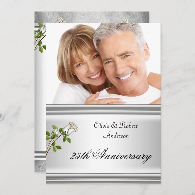 25th Anniversary Wedding Silver White Rose Invitation (Front/Back)