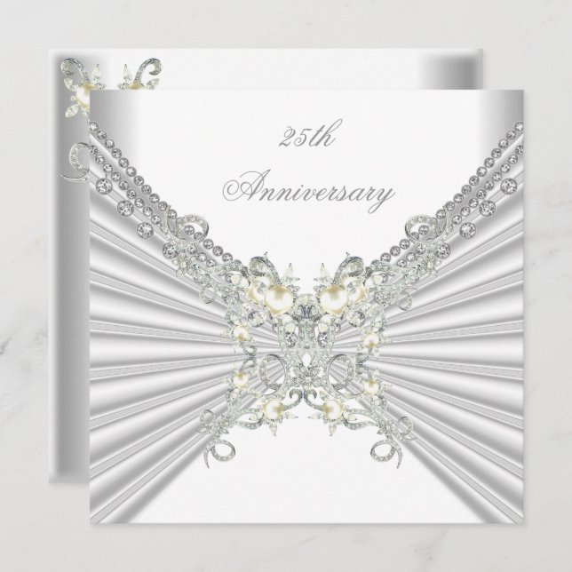 25th Anniversary White Silver Pearl Jewel 2 Invitation (Front/Back)