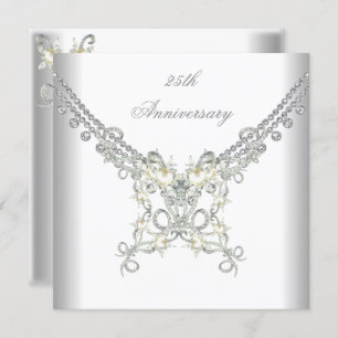 25th Anniversary White Silver Pearl Jewel Invitation