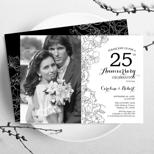 25th Anniversary With Photo - White Black Floral Invitation (Creator Uploaded)