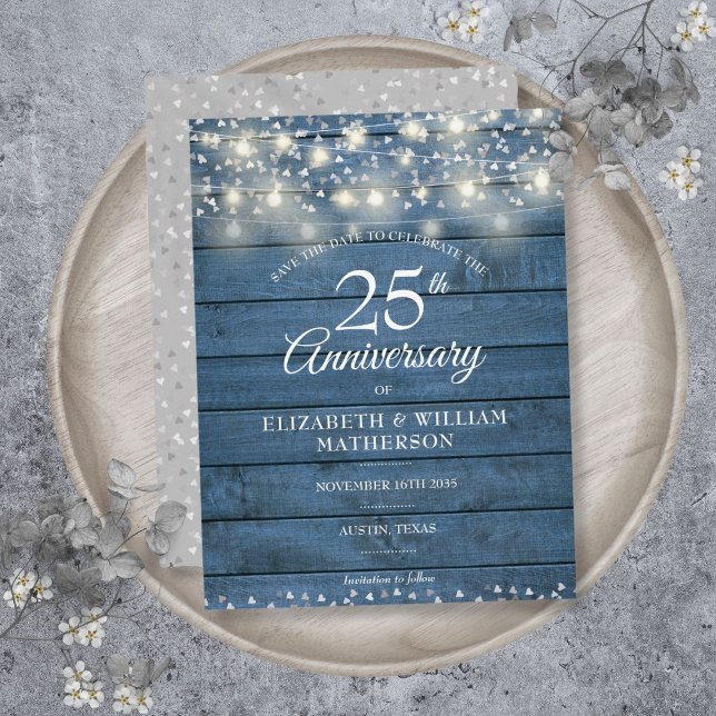 25th Anniversary Wood String Lights Save the Date Announcement Postcard (25th Anniversary Wood String Lights Save the Date Announcement Postcard)