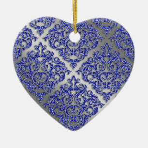 25th Anniversary Xmas Blue Sparkle Silver Damask Ceramic Tree Decoration