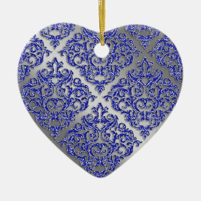 25th Anniversary Xmas Blue Sparkle Silver Damask Ceramic Tree Decoration (Front)