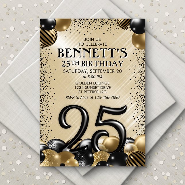 25th Balloons Black Gold Birthday Invitation (Creator Uploaded)
