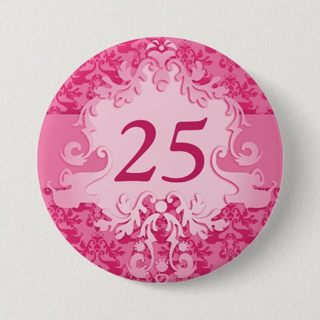 25th birthday age damask elephant pink 7.5 cm round badge (Front)
