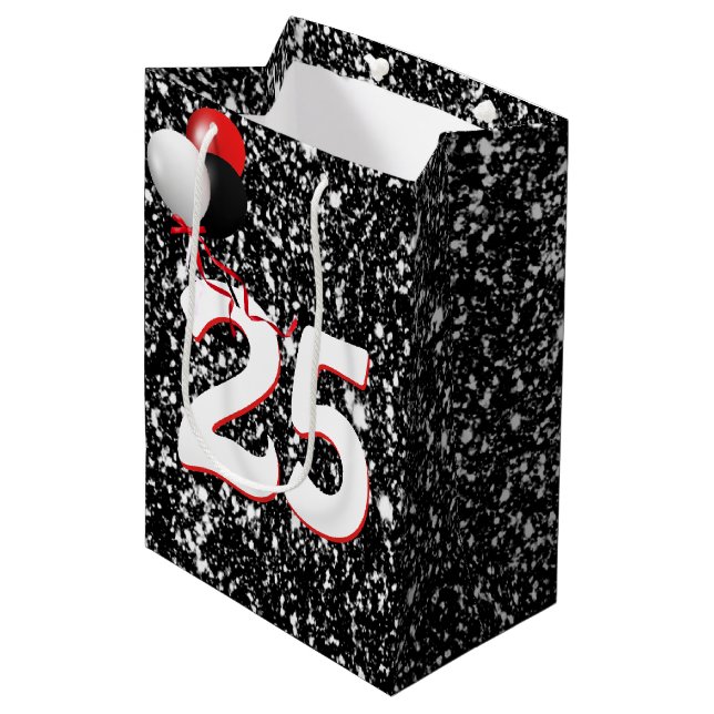 25th Birthday Balloons on Black Glitter Medium Gift Bag (Front Angled)