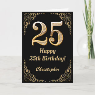 25th Birthday Black and Gold Glitter Frame Card