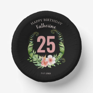 25th Birthday black Floral script name Paper Plate