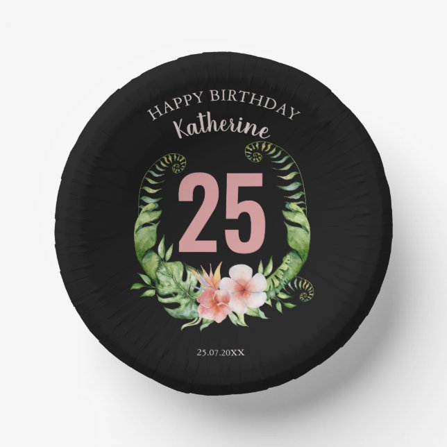 25th Birthday black Floral script name Paper Plate (Front)