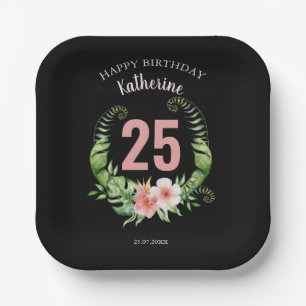 25th Birthday black Floral script name Paper Plate