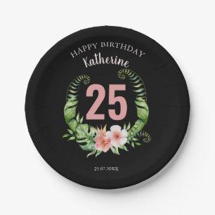 25th Birthday black Floral script name Paper Plate