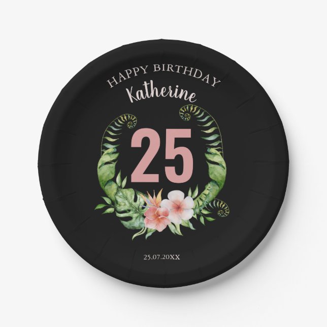25th Birthday black Floral script name Paper Plate (Front)