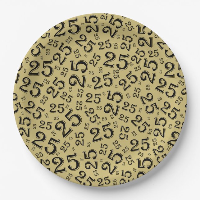25th Birthday Black/Gold Random Number Pattern Paper Plate (Front)