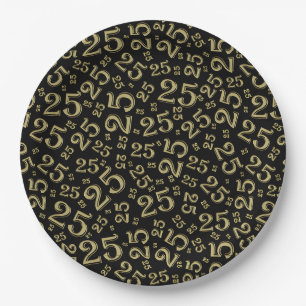 25th Birthday Black/Gold Random Number Pattern Paper Plate