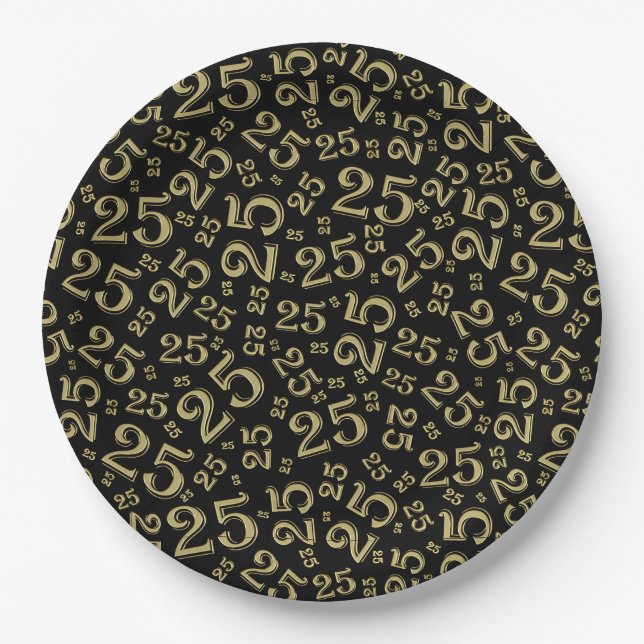 25th Birthday Black/Gold Random Number Pattern Paper Plate (Front)