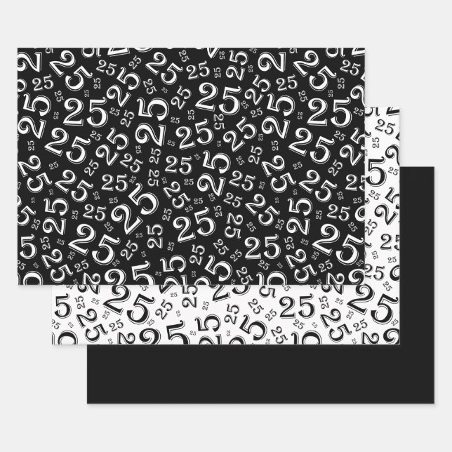 25th Birthday Black & White Number Pattern 25 Wrapping Paper Sheet (Set)