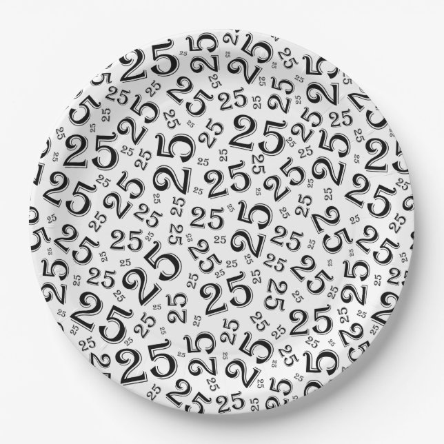 25th Birthday Black/White Random Number Pattern Paper Plate (Front)