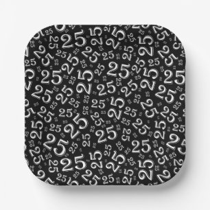 25th Birthday Black/White Random Number Pattern Paper Plate