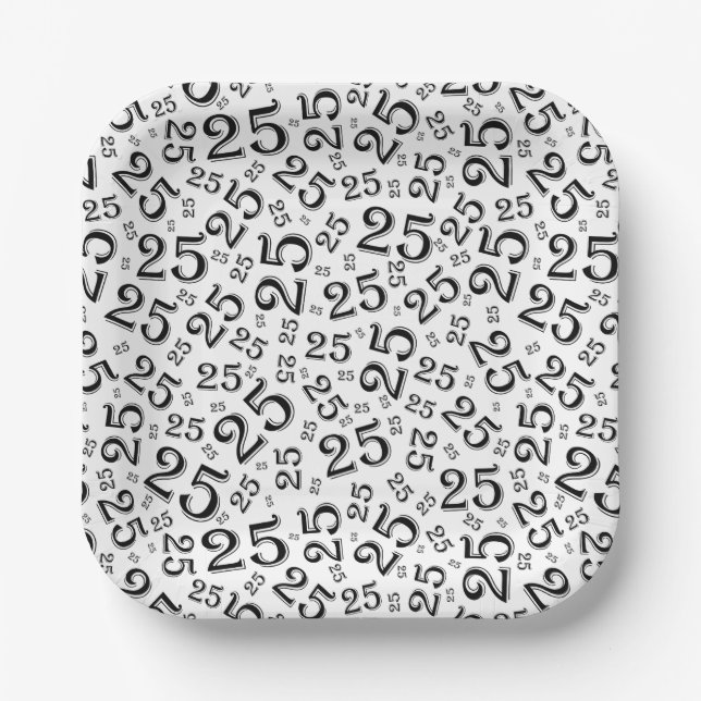 25th Birthday Black/White Random Number Pattern Paper Plate (Front)