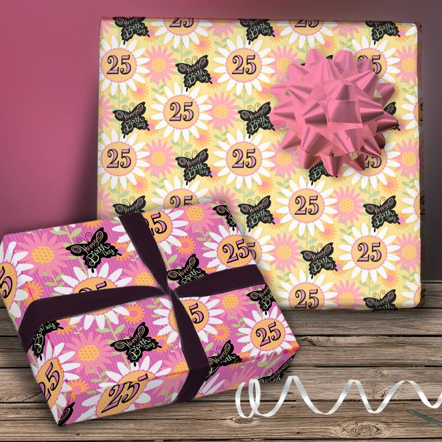 25th Birthday Butterfly Daisies Wrapping Paper Sheet (Creator Uploaded)