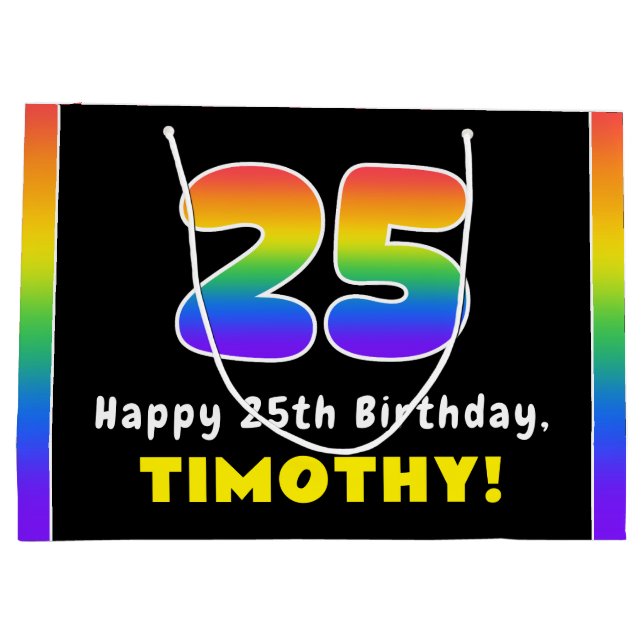 25th Birthday: Colourful Rainbow # 25, Custom Name Large Gift Bag (Back)