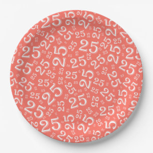 25th Birthday Coral/White Random Number Pattern Paper Plate