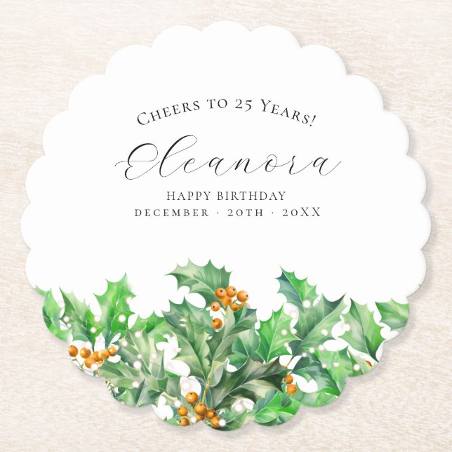 25th Birthday December Birth Flower Holly Custom Paper Coaster (Front)