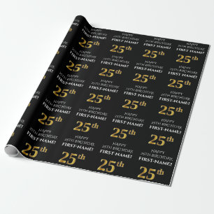 25th Birthday: Elegant, Black, Faux Gold Look Wrapping Paper