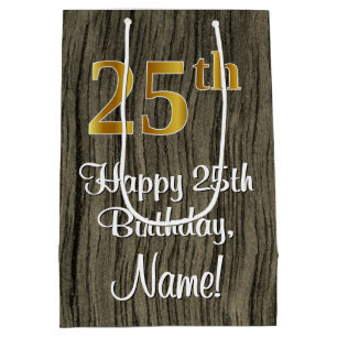 25th Birthday: Elegant Faux Gold Look #, Faux Wood Medium Gift Bag