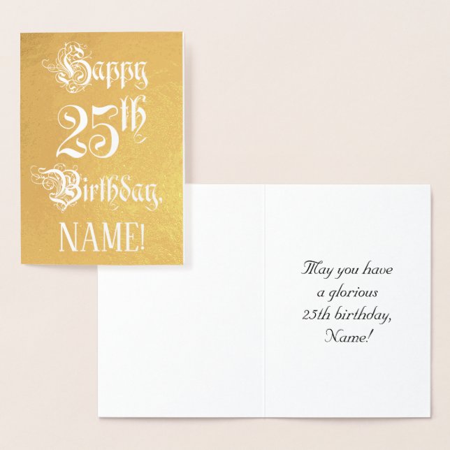 25th Birthday: Elegant, Ornate Script; Custom Name Foil Card (Display)