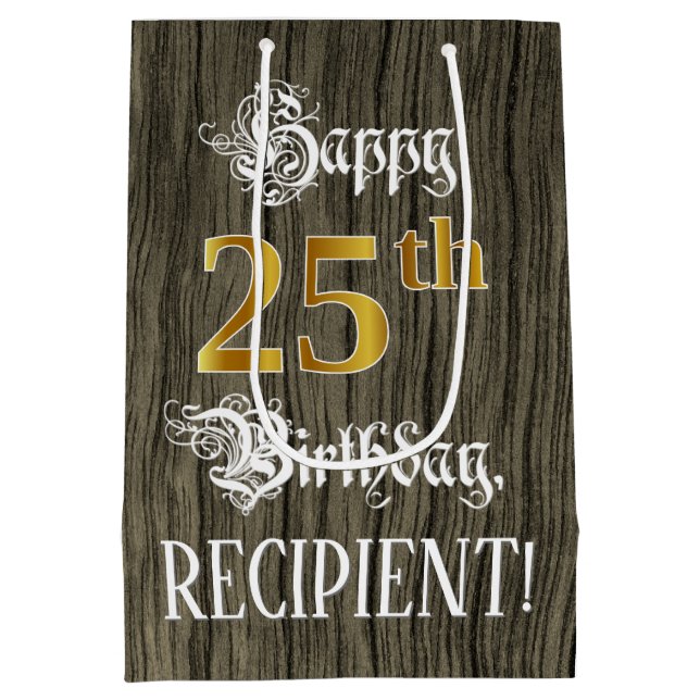 25th Birthday: Faux Gold Look & Faux Wood Pattern Medium Gift Bag (Back)