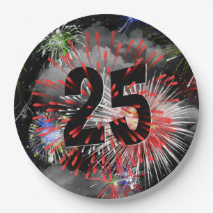 25th Birthday Fireworks In Clouds Paper Plate
