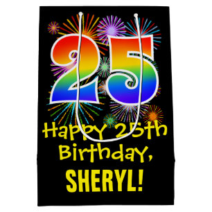 25th Birthday: Fun Fireworks Pattern + Rainbow 25 Medium Gift Bag
